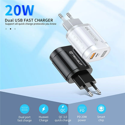 Зарядно устройство за мрежа Techsuit Premium, 20W, 3A, 1 x USB-A - 1 x USB-C, Черно CHPD038