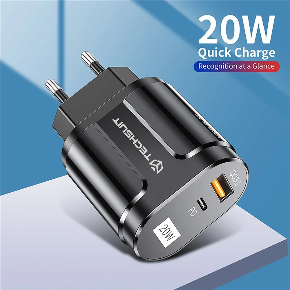 Зарядно устройство за мрежа Techsuit Premium, 20W, 3A, 1 x USB-A - 1 x USB-C, Черно CHPD038