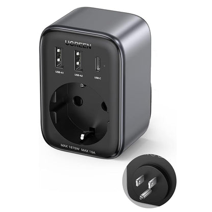 Зарядно за мрежа UGREEN 15289 US, 30W, 3A, 2 x USB-A - 1 x USB-C - 1 x Schuko, Черно