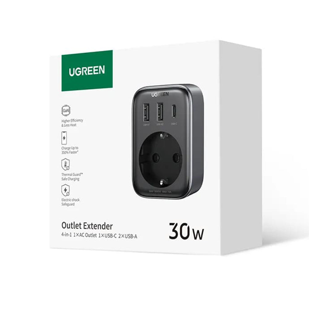 Зарядно за мрежа UGREEN 15289 US, 30W, 3A, 2 x USB-A - 1 x USB-C - 1 x Schuko, Черно