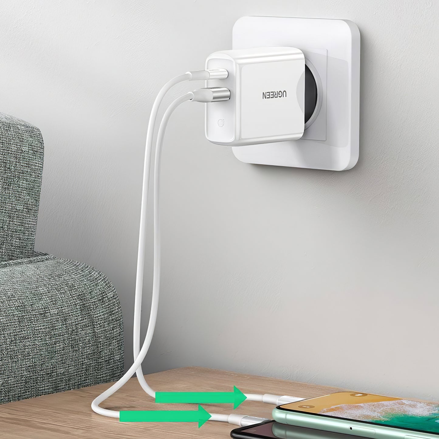 Мрежово зарядно устройство UGREEN CD170, 36W, 3A, 1 x USB-A - 1 x USB-C, бяло 