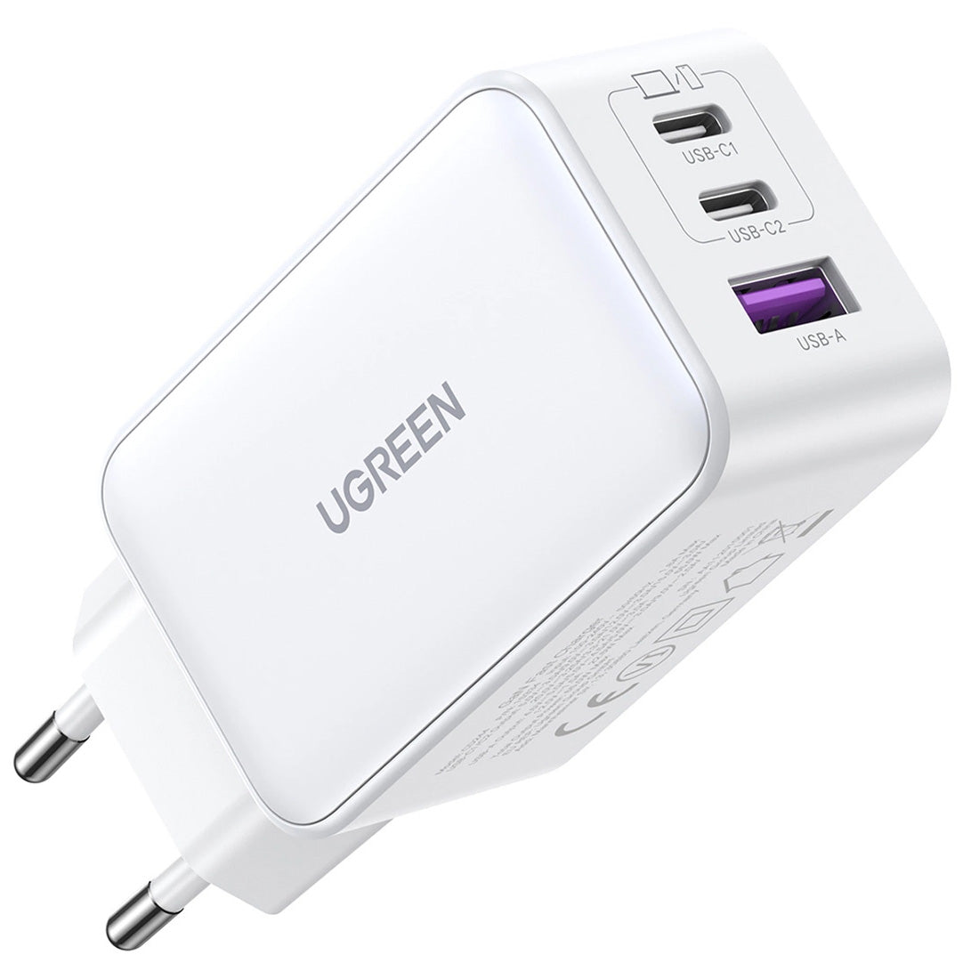 Мрежово зарядно устройство UGREEN CD244, 65W, 3A, 1 x USB-A - 2 x USB-C, бяло