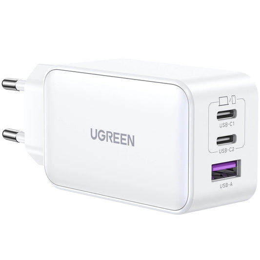 Мрежово зарядно устройство UGREEN CD244, 65W, 3A, 1 x USB-A - 2 x USB-C, бяло