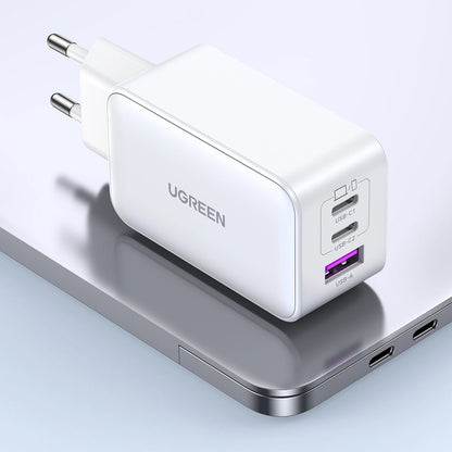 Мрежово зарядно устройство UGREEN CD244, 65W, 3A, 1 x USB-A - 2 x USB-C, бяло