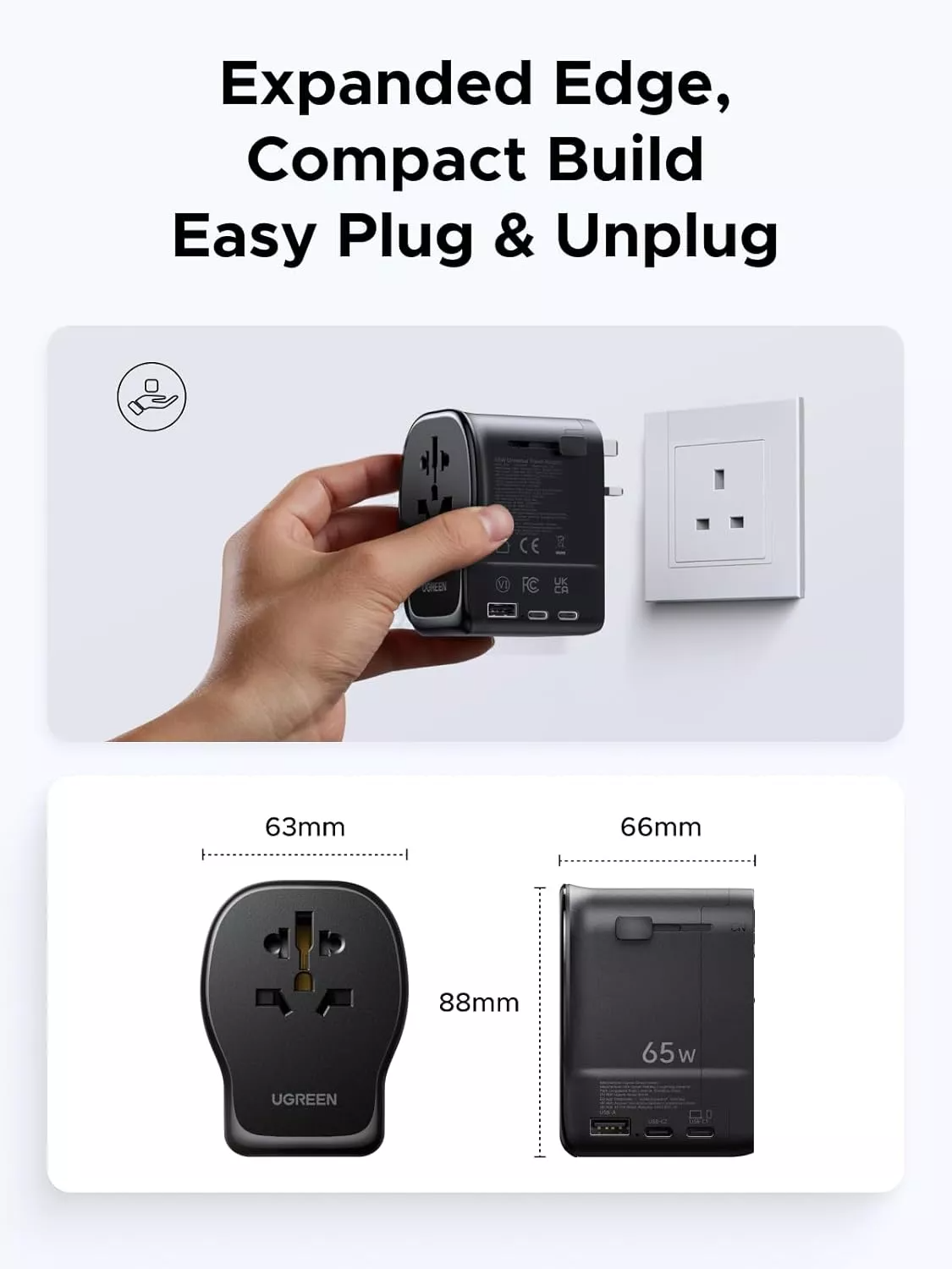 Зарядно устройство за мрежа UGREEN Travel S550 (55001), 65W, 3.25A, 1 x USB-A - 2 x USB-C, Черно