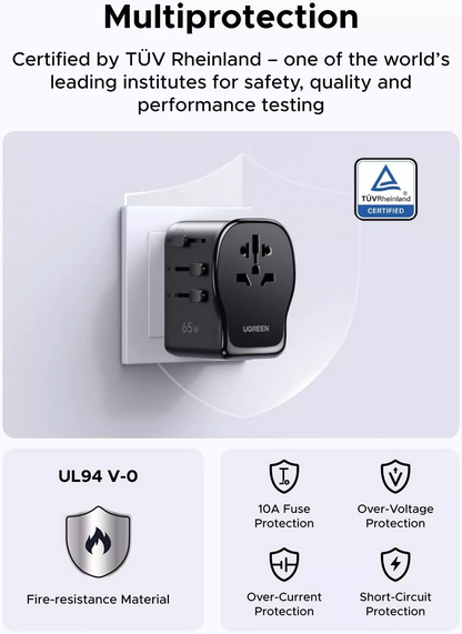 Зарядно устройство за мрежа UGREEN Travel S550 (55001), 65W, 3.25A, 1 x USB-A - 2 x USB-C, Черно