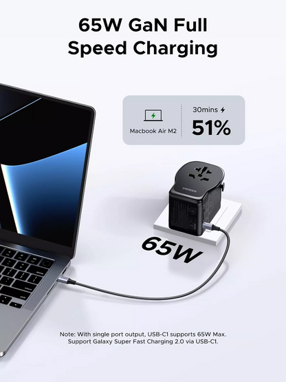 Зарядно устройство за мрежа UGREEN Travel S550 (55001), 65W, 3.25A, 1 x USB-A - 2 x USB-C, Черно