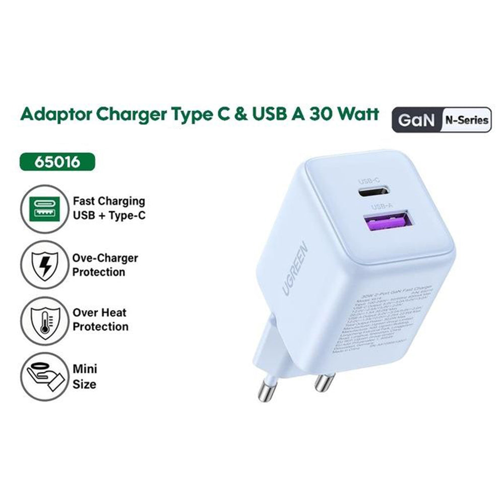 Зарядно за мрежа UGREEN X516, 30W, 3A, 1 x USB-A - 1 x USB-C, Бяло
