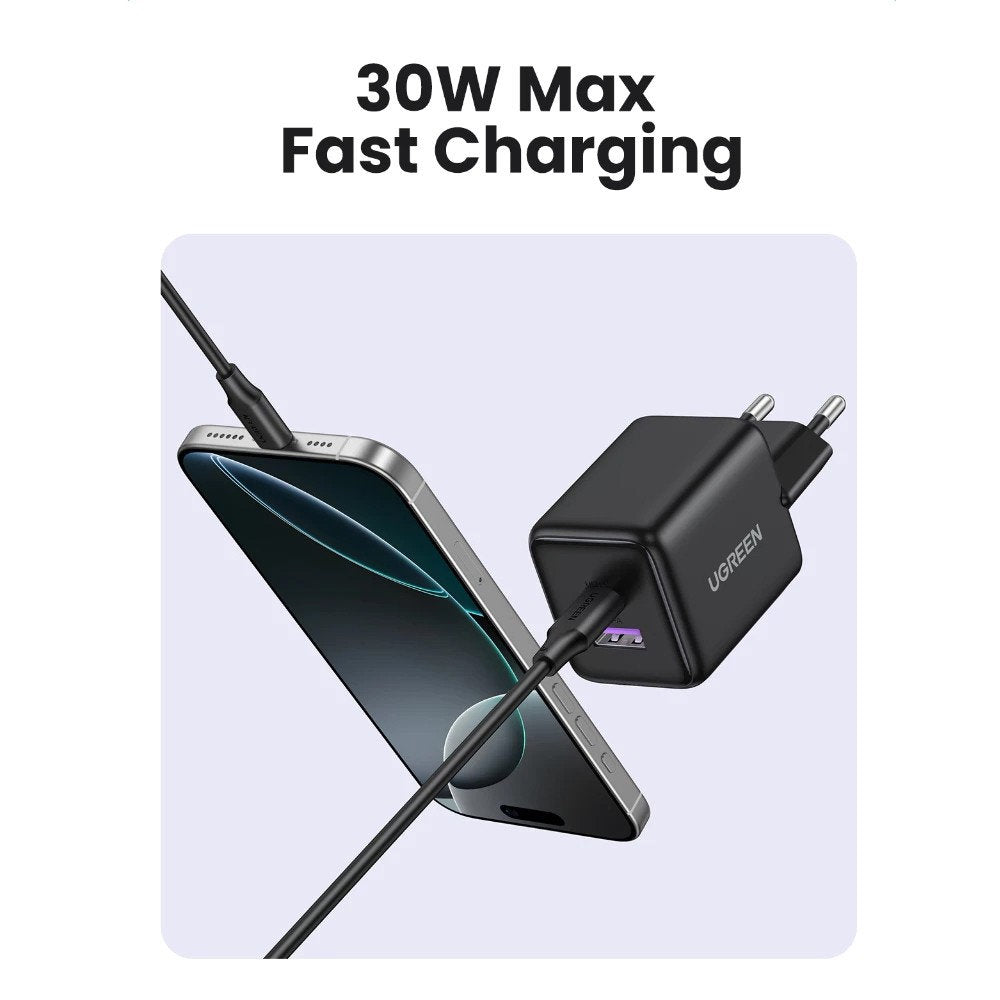 Зарядно за мрежа UGREEN X516, 30W, 3A, 1 x USB-A - 1 x USB-C, Бяло