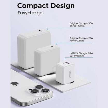 Зарядно за мрежа UGREEN X516, 30W, 3A, 1 x USB-A - 1 x USB-C, Бяло