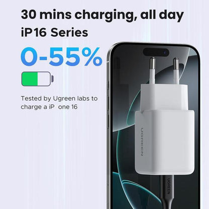Зарядно за мрежа UGREEN X516, 30W, 3A, 1 x USB-A - 1 x USB-C, Бяло