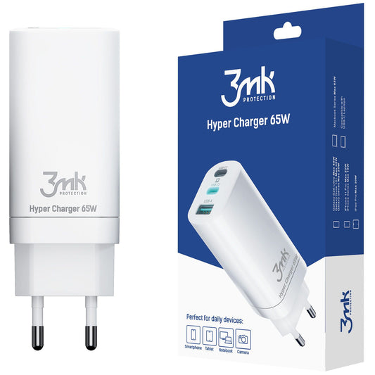 Зарядно устройство за мрежа 3MK HyperCharger, 65W, 5A, 1 x USB-A - 2 x USB-C, бяло