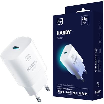 Мрежово зарядно устройство 3MK Hardy GaN, 33W, 3A, 1 x USB-C, бяло