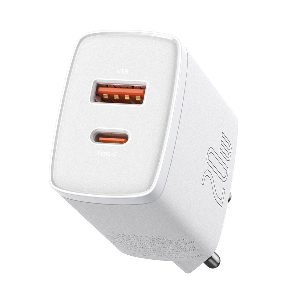 Компактно мрежово зарядно устройство Baseus, 20W, 3A, 1 x USB-A - 1 x USB-C, бяло CCXJ-B02