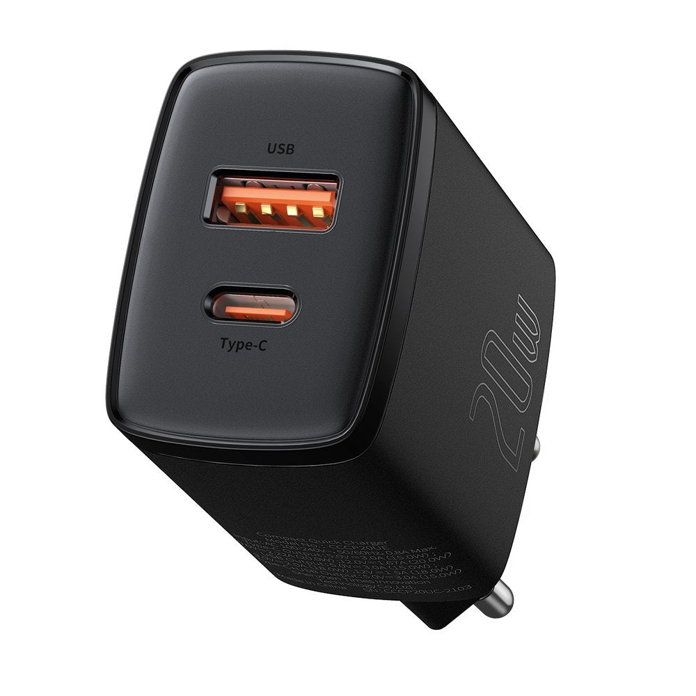 Компактно мрежово зарядно устройство Baseus, 20W, 3A, 1 x USB-A - 1 x USB-C, черно CCXJ-B01