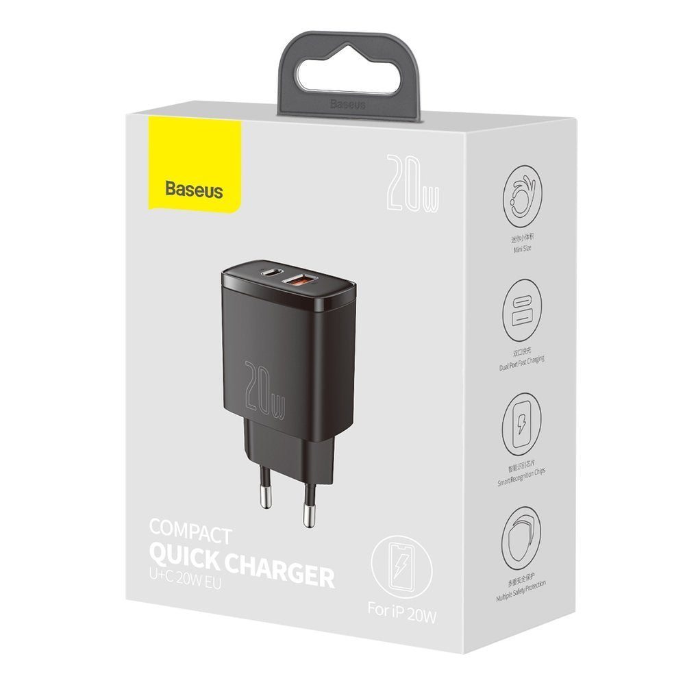 Компактно мрежово зарядно устройство Baseus, 20W, 3A, 1 x USB-A - 1 x USB-C, черно CCXJ-B01