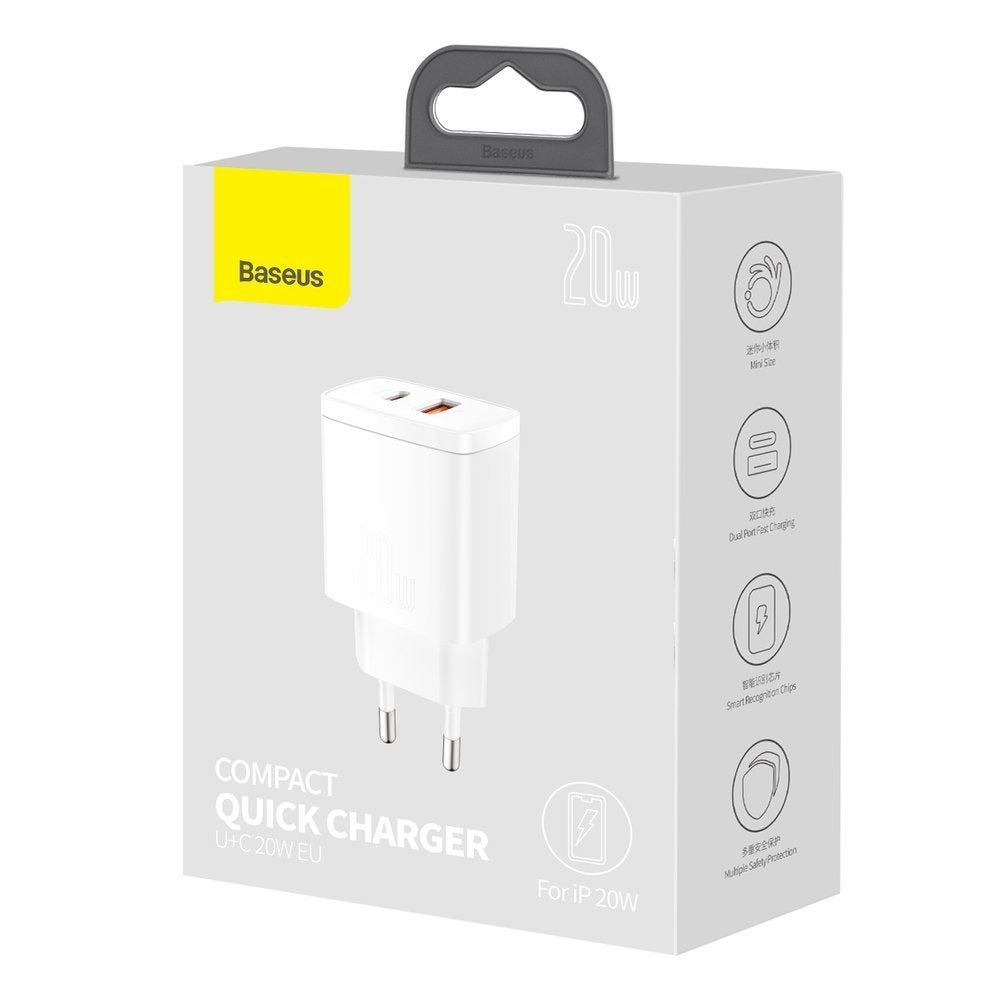 Компактно мрежово зарядно устройство Baseus, 20W, 3A, 1 x USB-A - 1 x USB-C, бяло CCXJ-B02