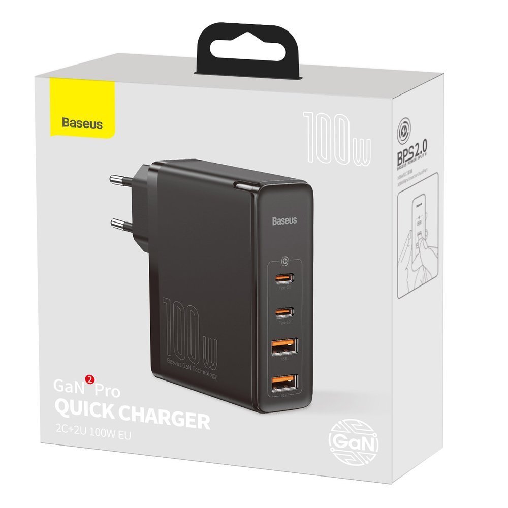 Мрежово зарядно устройство Baseus GaN2 Pro, 100W, 5A, 2 x USB-A - 2 x USB-C, черно CCGAN2P-L01