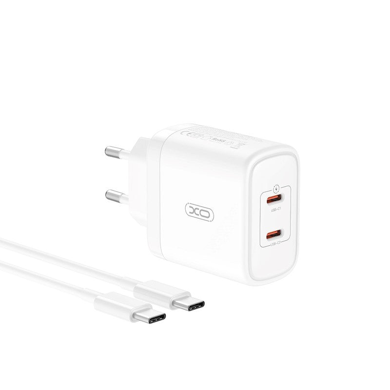 Мрежово зарядно устройство с USB-C кабел XO Design CE08, 50W, 3A, 2 x USB-C, бяло