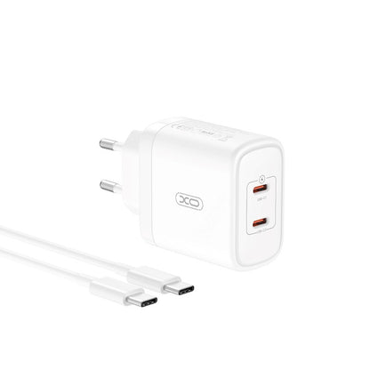 Мрежово зарядно устройство с USB-C кабел XO Design CE08, 50W, 3A, 2 x USB-C, бяло