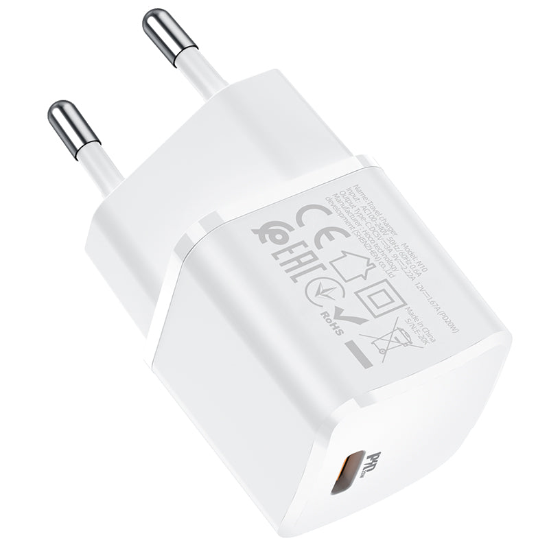 Мрежово зарядно устройство HOCO N10, 20W, 3A, 1 x USB-C, бяло