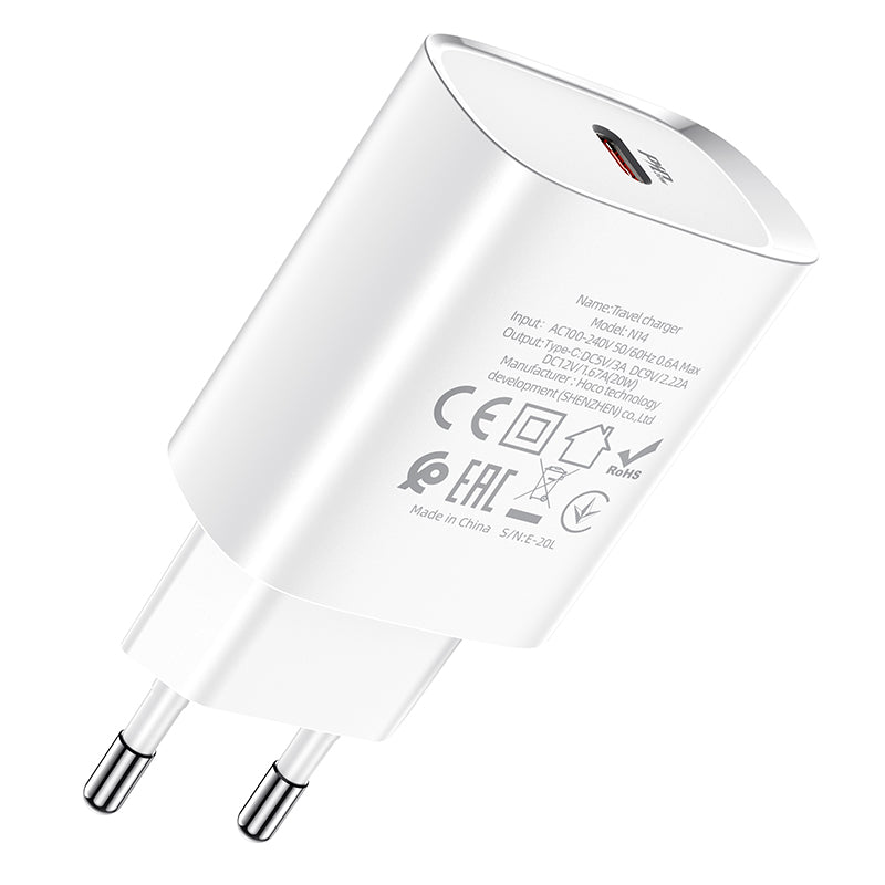 Мрежово зарядно устройство HOCO N14, 20W, 3A, 1 x USB-C, бяло