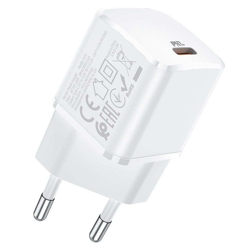 Мрежово зарядно устройство HOCO N10, 20W, 3A, 1 x USB-C, бяло