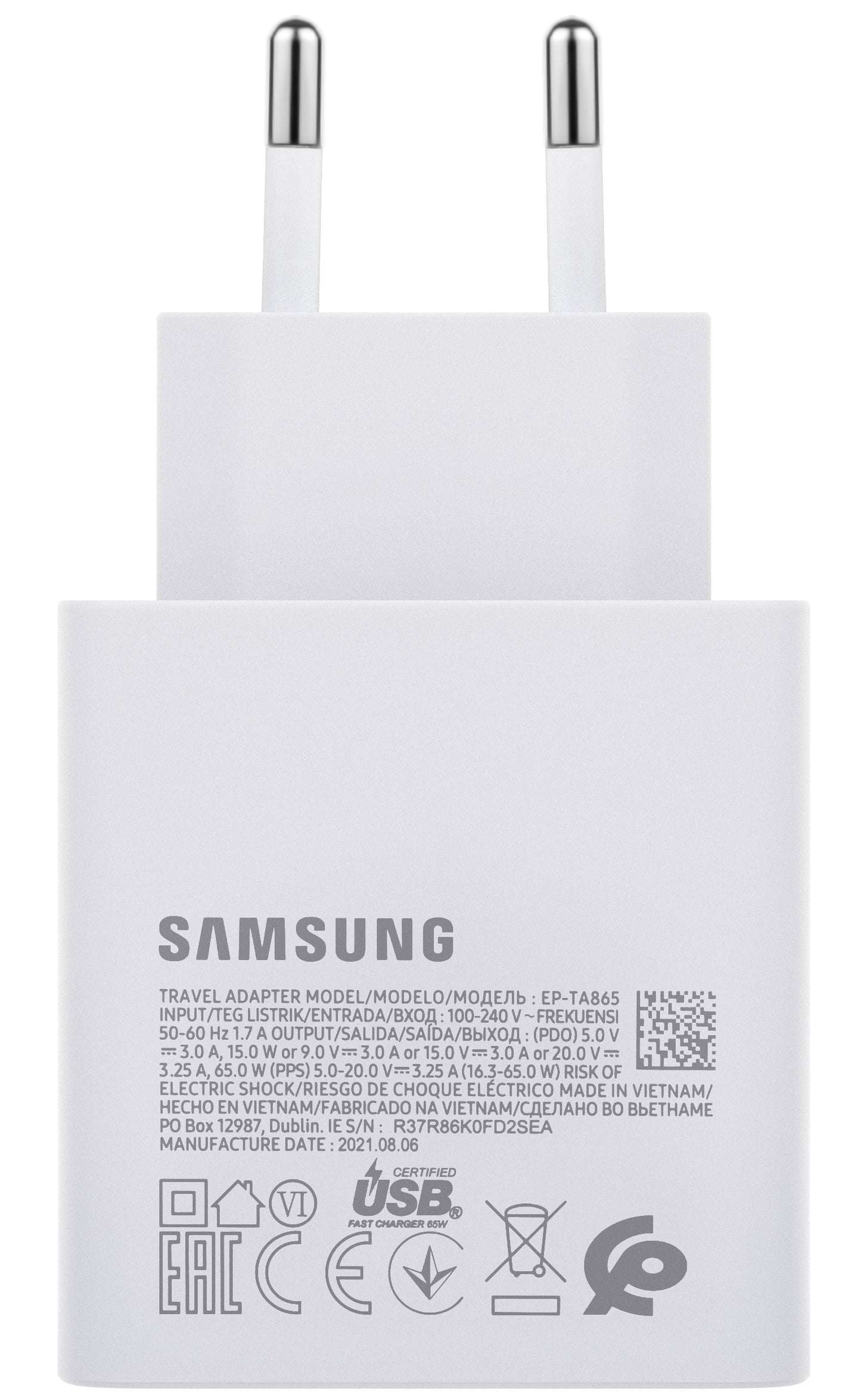 Мрежово зарядно устройство Samsung EP-TA865W, 65W, 3,25A, 1 x USB-C, бяло GP-PTU020SODWQ GP-PTU020SODWQ