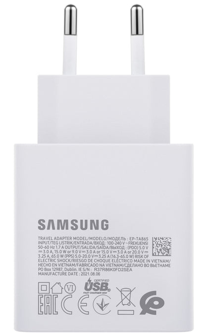 Мрежово зарядно устройство Samsung EP-TA865W, 65W, 3,25A, 1 x USB-C, бяло GP-PTU020SODWQ GP-PTU020SODWQ