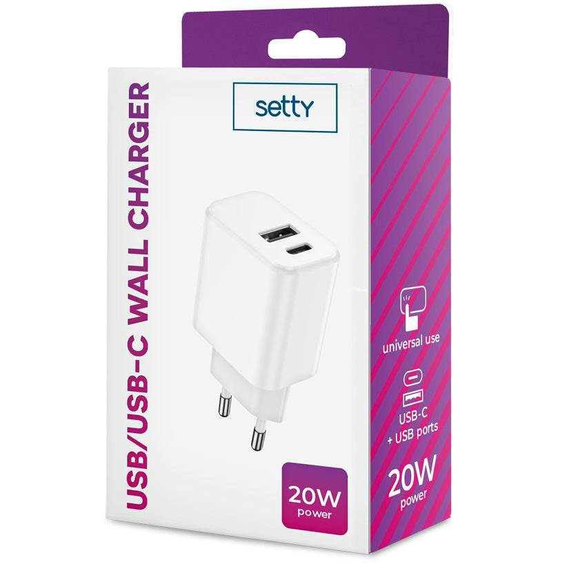 Мрежово зарядно устройство Setty, 20W, 3A, 1 x USB-A - 1 x USB-C, бяло