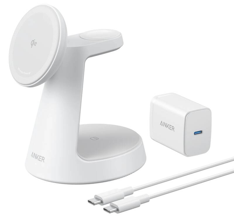 Безжично зарядно устройство Anker MagGo 3в1, 15W, 1.67A, бяло B25M4G21