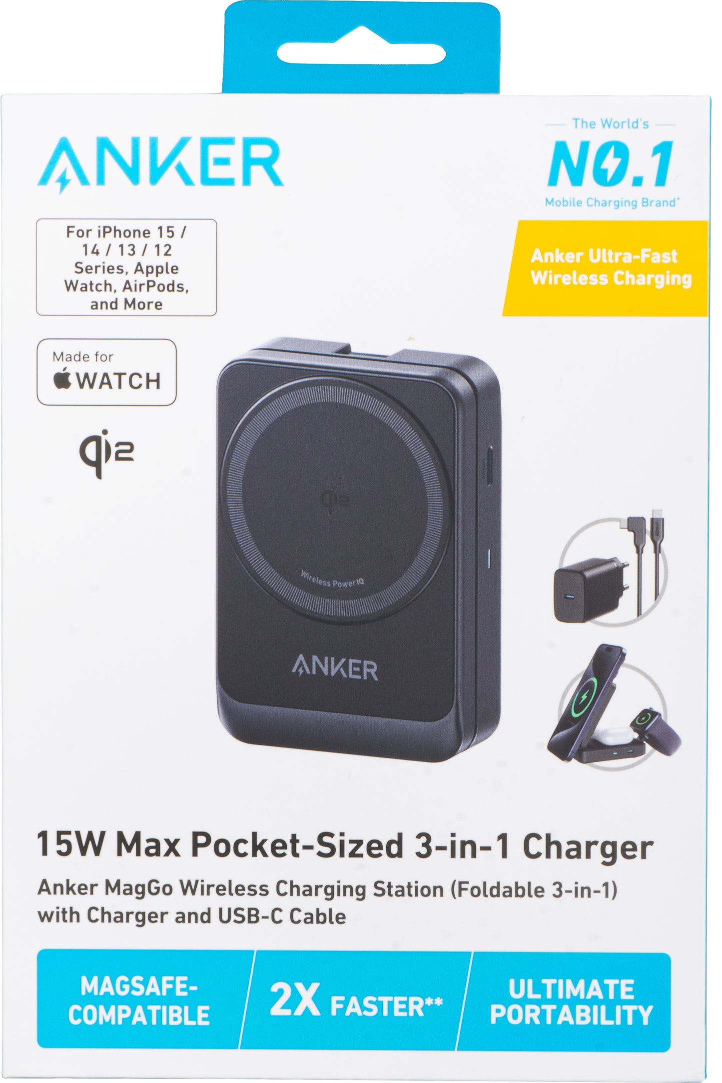 Безжично зарядно устройство Anker MagGo 3in1, 15W, 1.67A, Черно B2557311