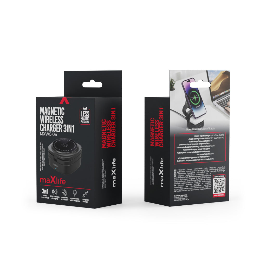 Безжично зарядно устройство за мрежа MaXlife MXWC-06 3в1, 15W, 1.67A, Черно