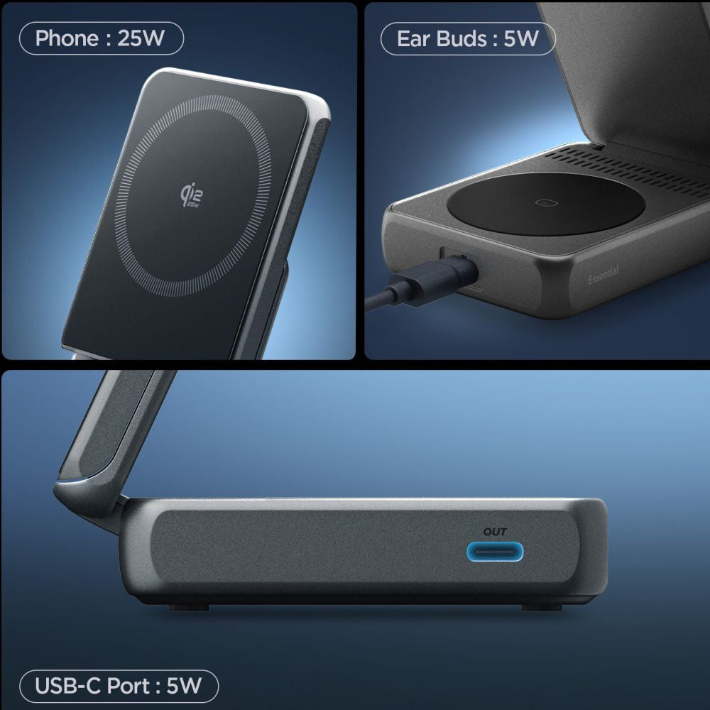 Spigen EF302MOQ 3in1 Wireless Network Charger, 25W, 1 x USB-C, Gray