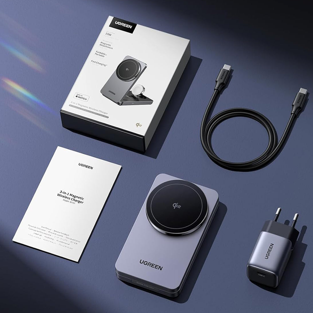 Безжично зарядно устройство за мрежа UGREEN W707 3в1, 25W, 1.67A, Сиво