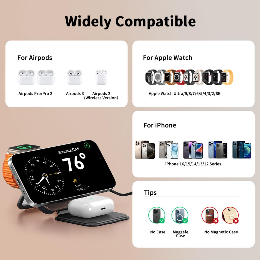 Безжично зарядно устройство за мрежа XO Design CX035 3в1, 15W, 1.67A, Черно