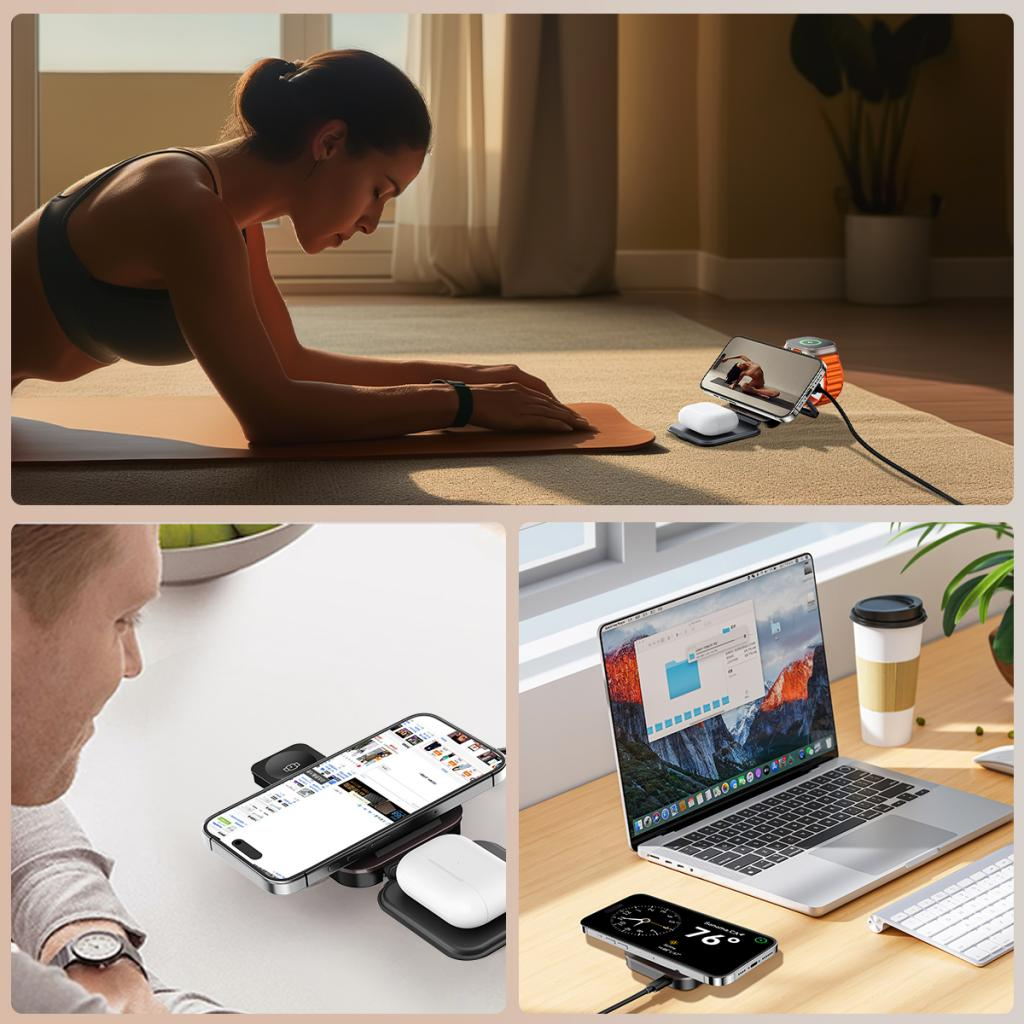 Безжично зарядно устройство за мрежа XO Design CX035 3в1, 15W, 1.67A, Черно