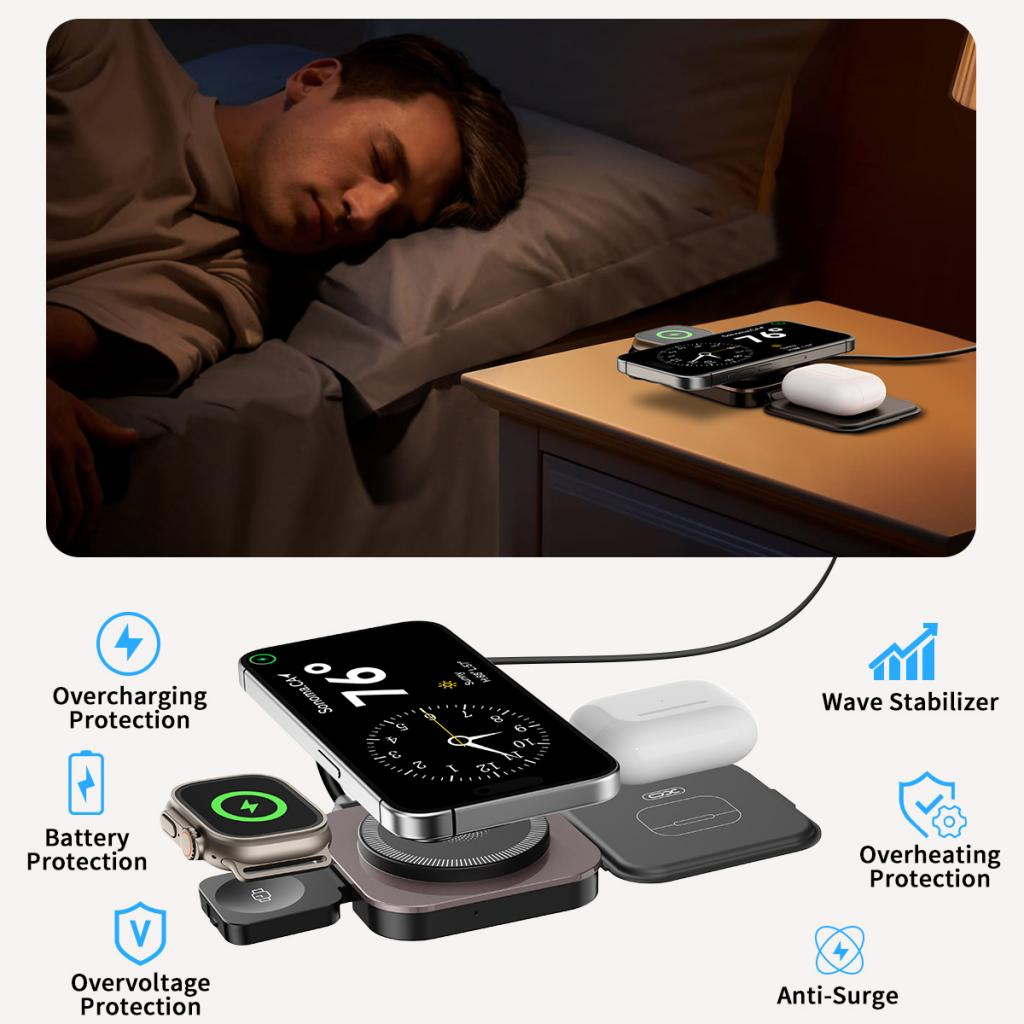 Безжично зарядно устройство за мрежа XO Design CX035 3в1, 15W, 1.67A, Черно