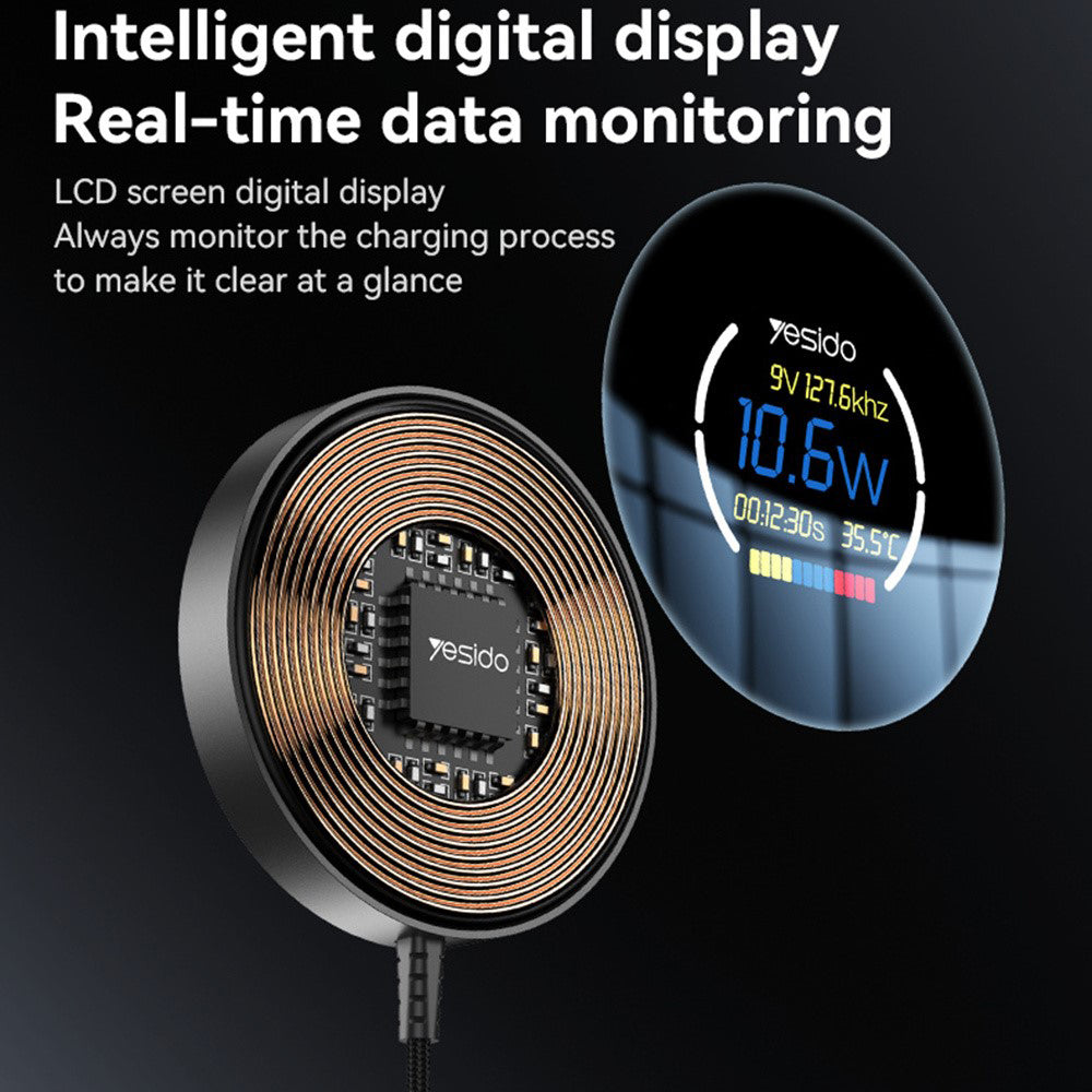 Безжично зарядно устройство за мрежа Yesido DS28 Display, 15W, 1.67A, Черно