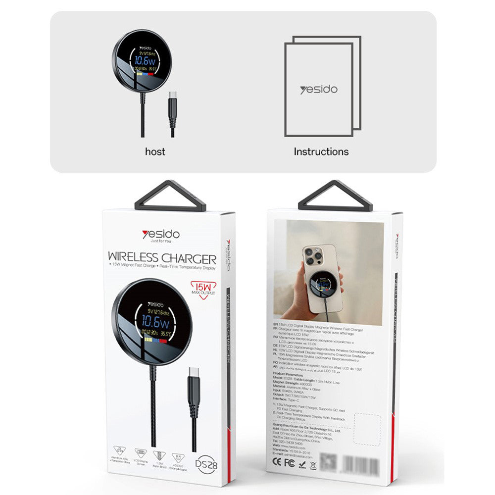 Безжично зарядно устройство за мрежа Yesido DS28 Display, 15W, 1.67A, Черно