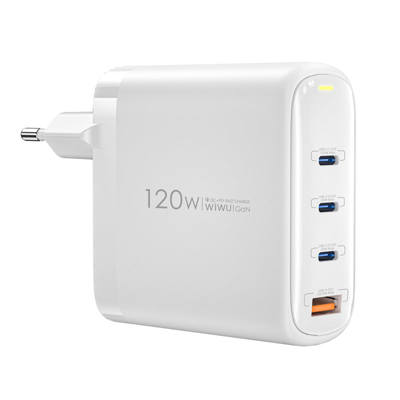 Мрежово зарядно устройство WiWu Wi-U020, 120W, 3A, 1 x USB-A - 3 x USB-C, бяло 