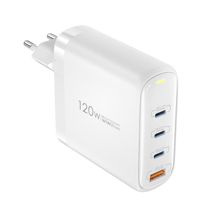 Мрежово зарядно устройство WiWu Wi-U020, 120W, 3A, 1 x USB-A - 3 x USB-C, бяло 