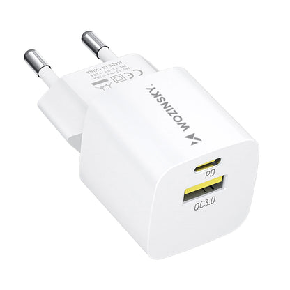 Зарядно за мрежа WZK WWCEAC, 33W, 3A, 1 x USB-A - 1 x USB-C, Бяло