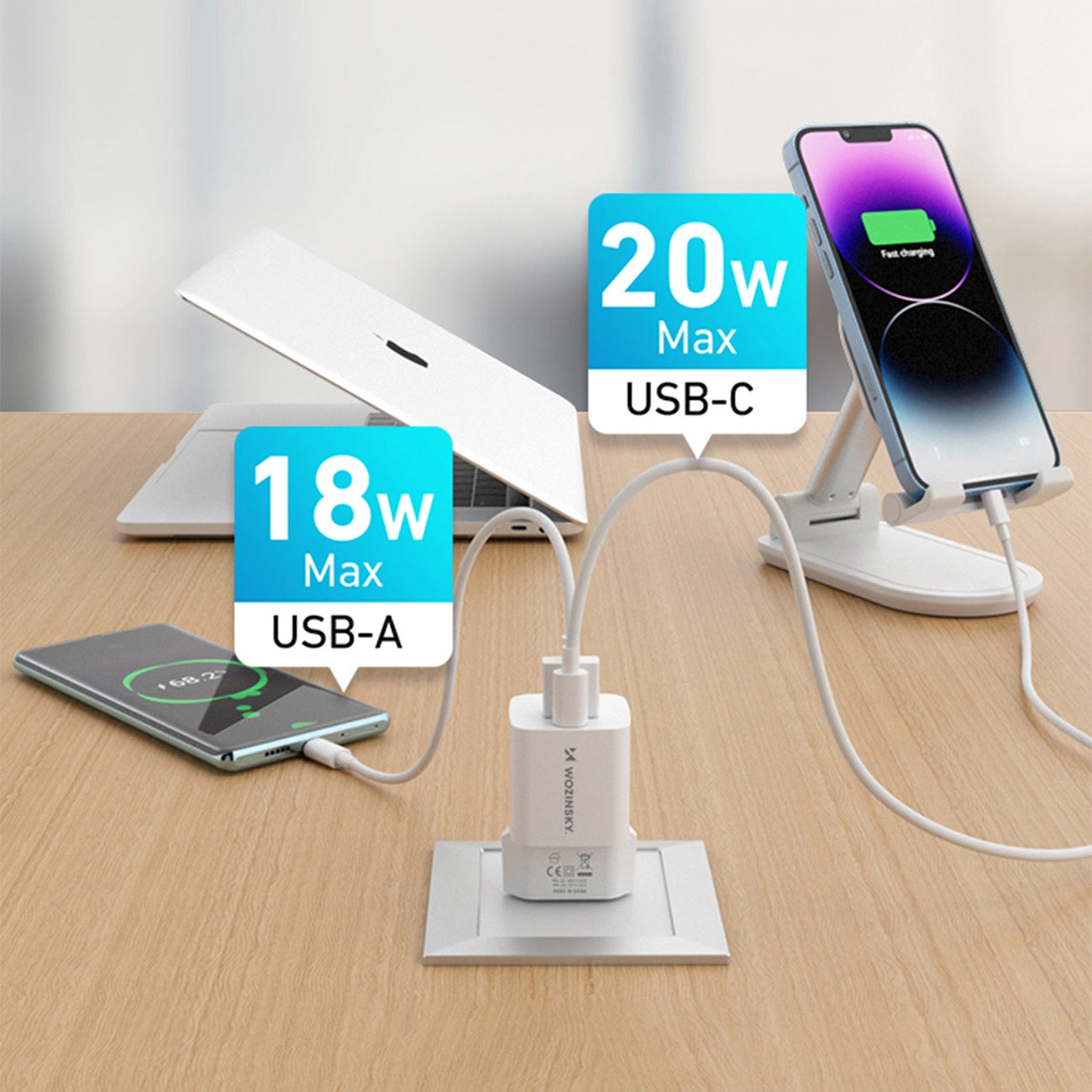 Зарядно за мрежа WZK WWCEAC, 33W, 3A, 1 x USB-A - 1 x USB-C, Бяло