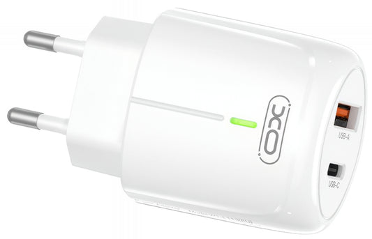 Зарядно за мрежа XO Design L114, 20W, 3A, 1 x USB-A - 1 x USB-C, Бяло
