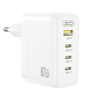 Зарядно устройство XO Design CE39, 67W, 3A, 1 x USB-A - 3 x USB-C, бяло