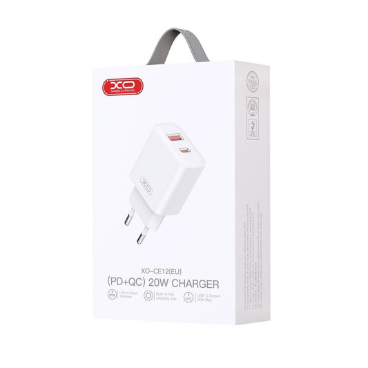 XO Design BPCE12 Network Charger, 20W, 3A, 1 x USB-A - 1 x USB-C, White