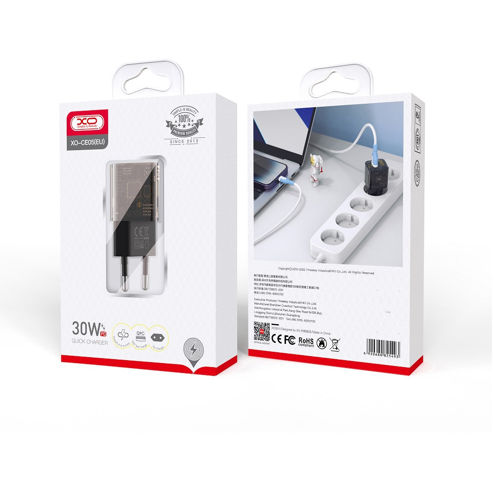Зарядно за мрежа XO Design CE05, 30W, 3A, 1 x USB-A - 1 x USB-C, Кафяво