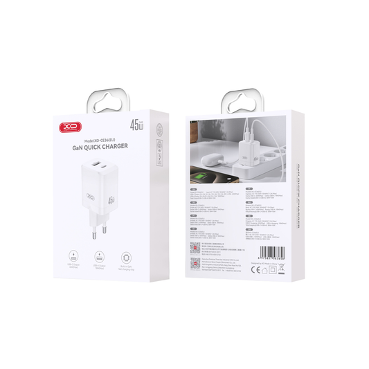 Мрежов зарядно XO Design CE36, 45W, 3A, 1 x USB-A - 1 x USB-C, Бяло