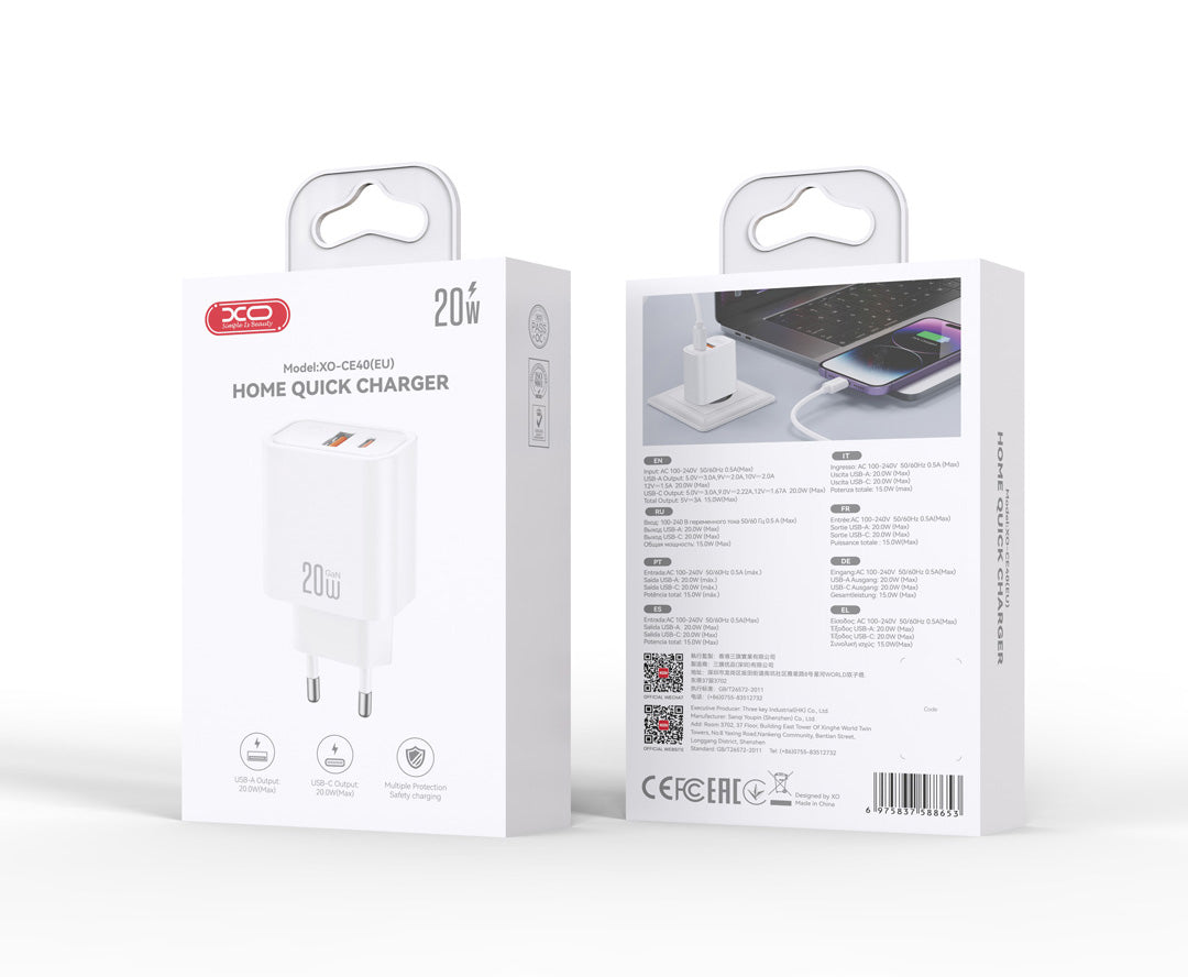 Зарядно устройство XO Design CE40, 20W, 3A, 1 x USB-A - 1 x USB-C, бяло